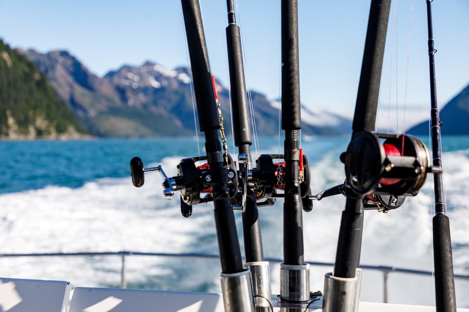 Rods ready on a deep sea fishing charter boat in Seward
